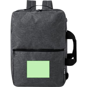 A grey backpack featuring shoulder straps, a front pocket, and a section for branding.