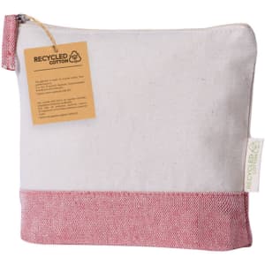A toiletry bag in cream with a red base, made from recycled cotton, featuring a zipper and a tag.