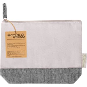A toiletry bag in cream with a grey bottom, made from recycled cotton, featuring a small tag.