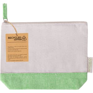 A toiletry bag made from recycled cotton, featuring a white body with a green bottom and a branding label.
