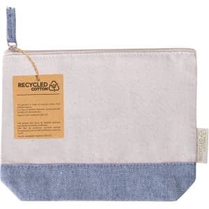 A toiletry bag featuring a cream body with a blue denim base, made from recycled cotton. Includes a logo.