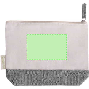 A toiletry bag in cream with a grey bottom, featuring a zipper and an empty rectangular area for customization.