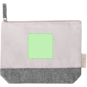 A cream and grey toiletry bag with a zip closure, featuring a blank square area for customization.