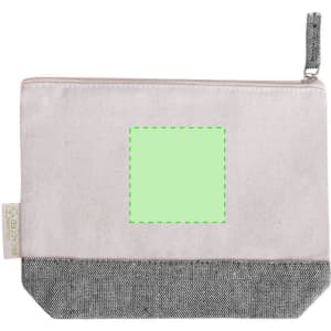 A cream and grey toiletry bag with a zip closure and a blank square section for customisation.