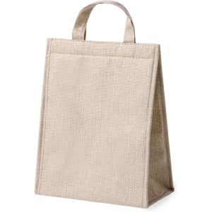 A beige cooler bag with a simple design and two handles, featuring a logo on the front.