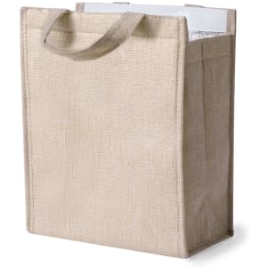 A beige cooler bag with sturdy handles and an insulated interior, featuring a simple design. It has a logo or branding visible.