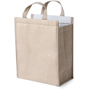 A cooler bag in a natural beige colour, featuring two handles and an insulated interior. It has a logo on the side.