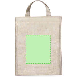 A cooler bag in a neutral beige colour with a textured finish and a green blank space, featuring a handle on top.
