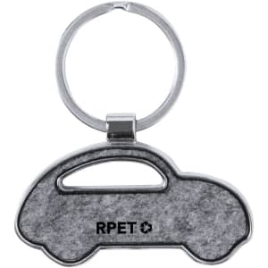 A grey felt keyring in the shape of a car, featuring a metallic ring and a logo.