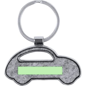 A silver car-shaped keyring with a green accent and a metal ring. It has a logo on one side.