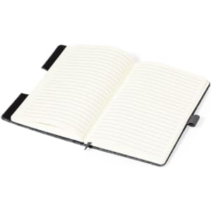 A black notepad with a textured cover, featuring lined pages and a built-in bookmark ribbon.