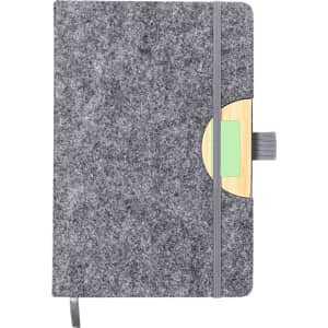 A grey felt notepad with a wooden accent and a ribbon closure. It features an elastic band and a logo.