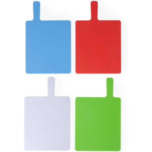 Four chopping boards in blue, red, white, and green, featuring a handle for easy use and a logo design.