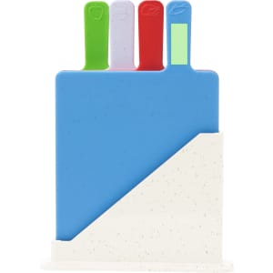A set of kitchen cutting boards in blue, green, red, and purple, housed in a white holder.