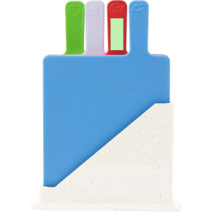 A cutting board set featuring a blue board with green, red, and white handles, displayed in a white stand.