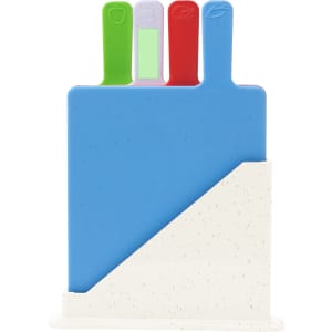 A cutting board set with four boards in blue, red, green, and a white holder. The boards are labelled for different uses.