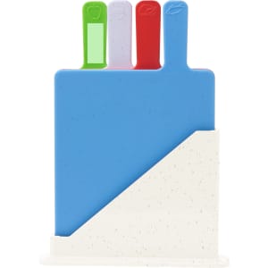 A set of four colourful chopping boards in a white stand, featuring blue, green, red, and pink boards.