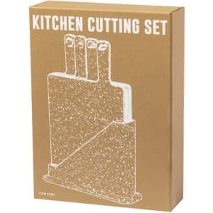 A kitchen cutting board set in a brown box, featuring multiple cutting boards stacked vertically with a logo.
