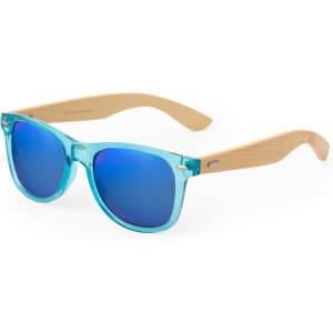 A pair of sunglasses with a light blue frame and wooden arms, featuring blue mirrored lenses and branding.