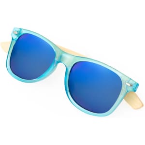 A pair of blue tinted sunglasses with a clear frame and wooden arms, featuring a brand logo.