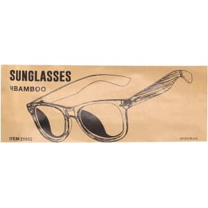 Bamboo sunglasses in black, displayed on a beige background with a logo and detailed sketch design.
