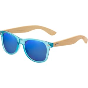 A pair of sunglasses with a turquoise frame and blue mirrored lenses, featuring bamboo-style arms and a logo.