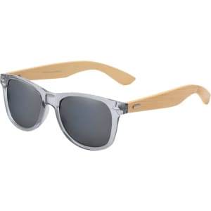 A pair of sunglasses featuring a clear frame and bamboo-style arms, with dark lenses. Includes a logo on the frame.