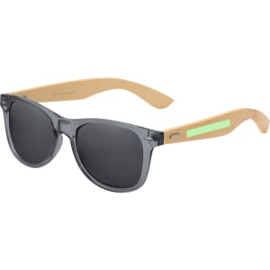 Sunglasses featuring grey lenses and beige bamboo arms with a logo on the temple.