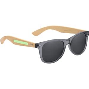 Sunglasses featuring grey frames and wooden arms, with a subtle branding on the side.