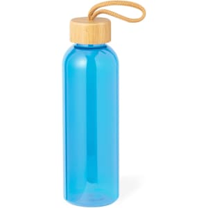A drink bottle in a vibrant blue colour, featuring a bamboo lid and a rope attachment.