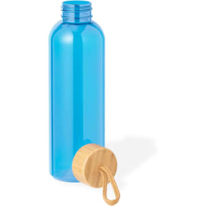 A drink bottle in bright blue with a wooden stopper and a looped cord attached. It features a logo.