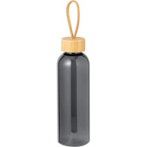 A drink bottle in a smoky grey colour with a wooden cap and a hanging loop. It features a branded logo.