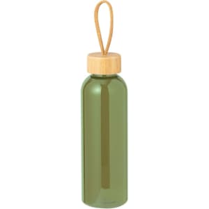 A drink bottle in green with a bamboo lid and a cord for easy carrying. Features a branding logo.