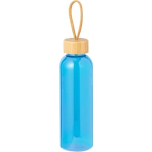 A drink bottle in vibrant blue with a bamboo lid and a rope handle, featuring a logo.