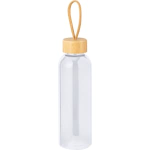 A drink bottle with a clear body and a bamboo lid, featuring a textured strap for easy carrying.