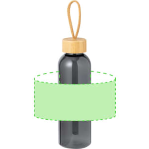 A drink bottle in grey with a wooden lid and a strap, featuring a logo.