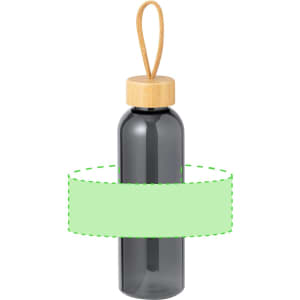 A drink bottle in grey with a bamboo lid and decorative handle, featuring a blank label area.