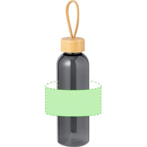 A drink bottle in grey with a wooden lid and a looped handle, featuring a simple green label.