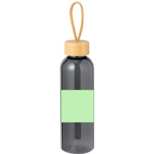 A drink bottle in a sleek grey colour with a bamboo lid and a hanging loop, featuring a blank green label.