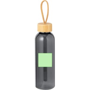 A drink bottle in smoky grey with a bamboo lid and a cord handle, featuring a blank area for custom branding.