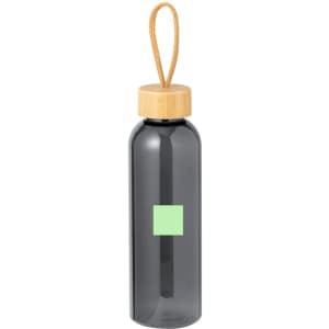 A drink bottle in dark grey with a bamboo lid and a decorative loop. It features a logo on the front.