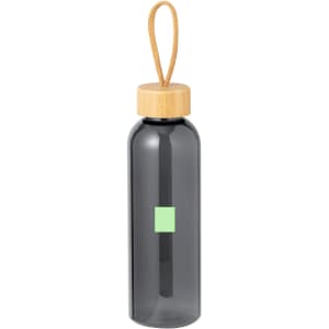 A drink bottle with a grey transparent body, bamboo lid, and a hanging strap. It features a small logo.