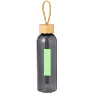 A drink bottle in smoky grey with a bamboo lid and a braided strap. It has a logo on the side.