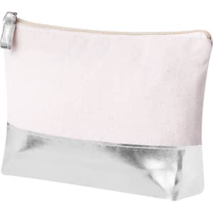 A toiletry bag in soft pink with a shiny silver bottom, featuring a zip closure and a small branding logo.