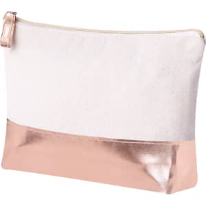 A toiletry bag in cream canvas with a metallic rose gold base, featuring a zip closure and a logo.