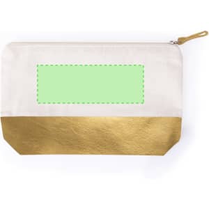 A toiletry bag featuring a cream upper section and a gold metallic lower section, with a logo visible.
