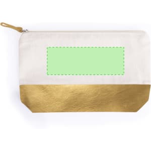 A toiletry bag featuring a cream upper section and a metallic gold lower section. Includes a zip closure and a branding logo.
