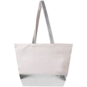 A tote bag featuring a light pink fabric body and a shiny silver bottom, complete with long handles and a logo.
