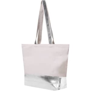 A tote bag in light grey with a shiny silver base and handles. It features a logo on one side.