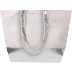 A tote bag in pale pink with a shiny silver base and handles, featuring a logo.